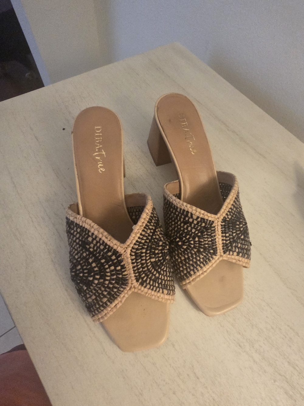 Beige and Black Crochet Mule Sandals By DIBA TRUE SIZE 10